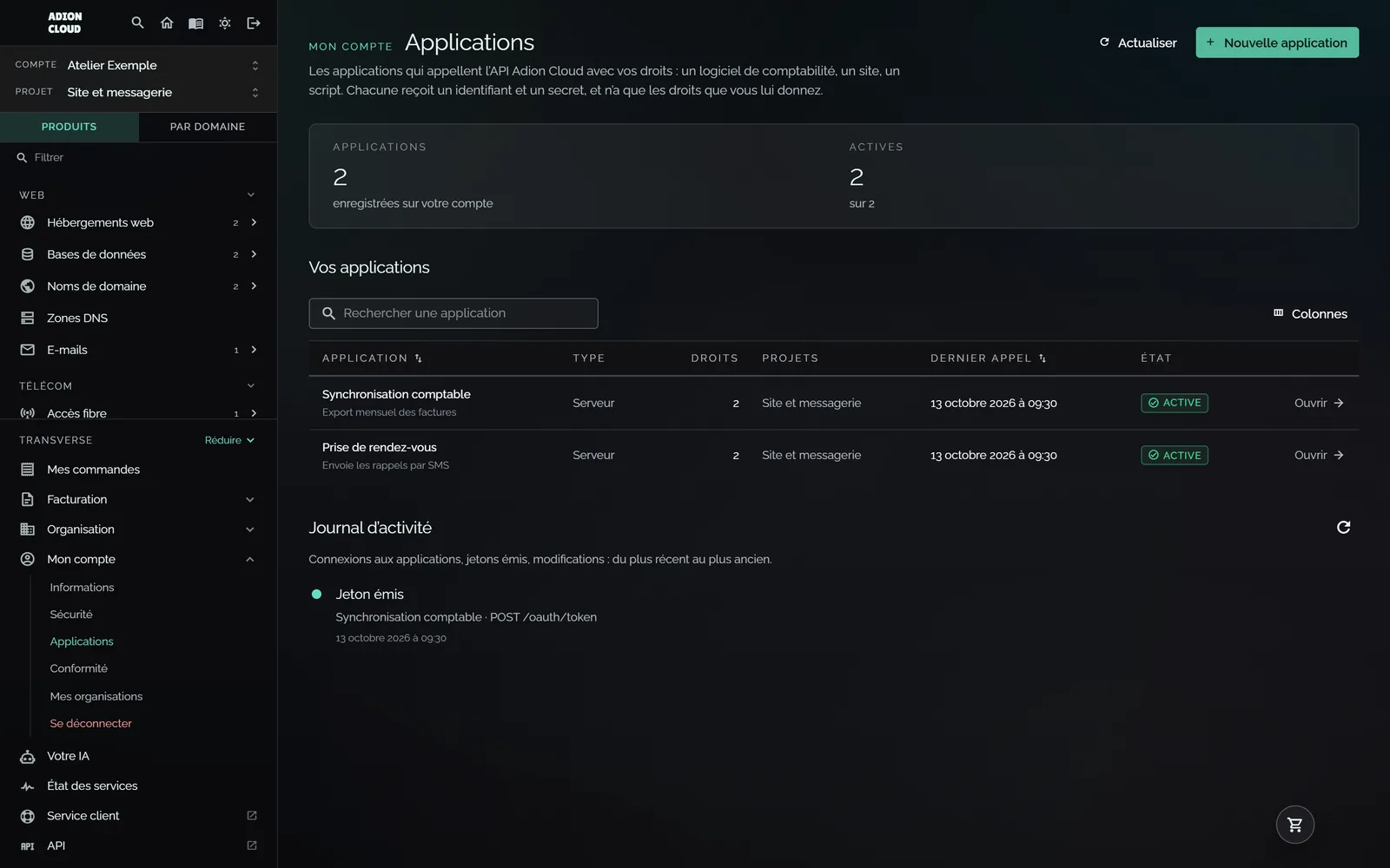 Mon compte › Applications : les applications déclarées pour l’API.
