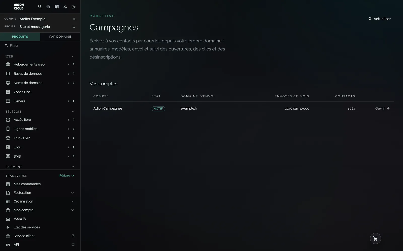 Les comptes Campagnes du projet.
