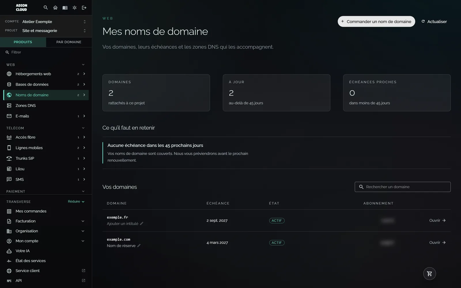 Les noms de domaine du projet.