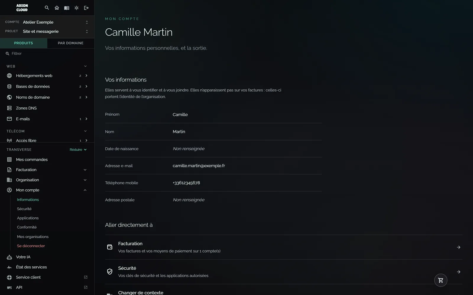 Mon compte : les informations de la personne connectée.