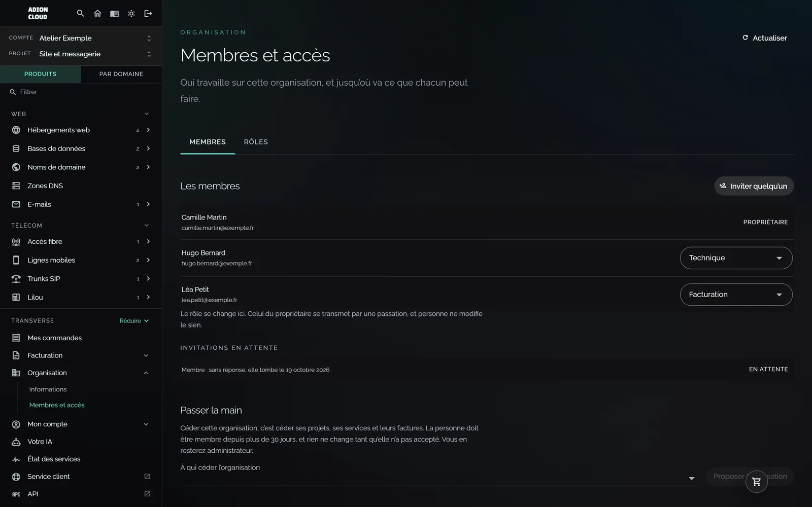 Organisation › Membres et accès : les membres, leur rôle et les invitations.