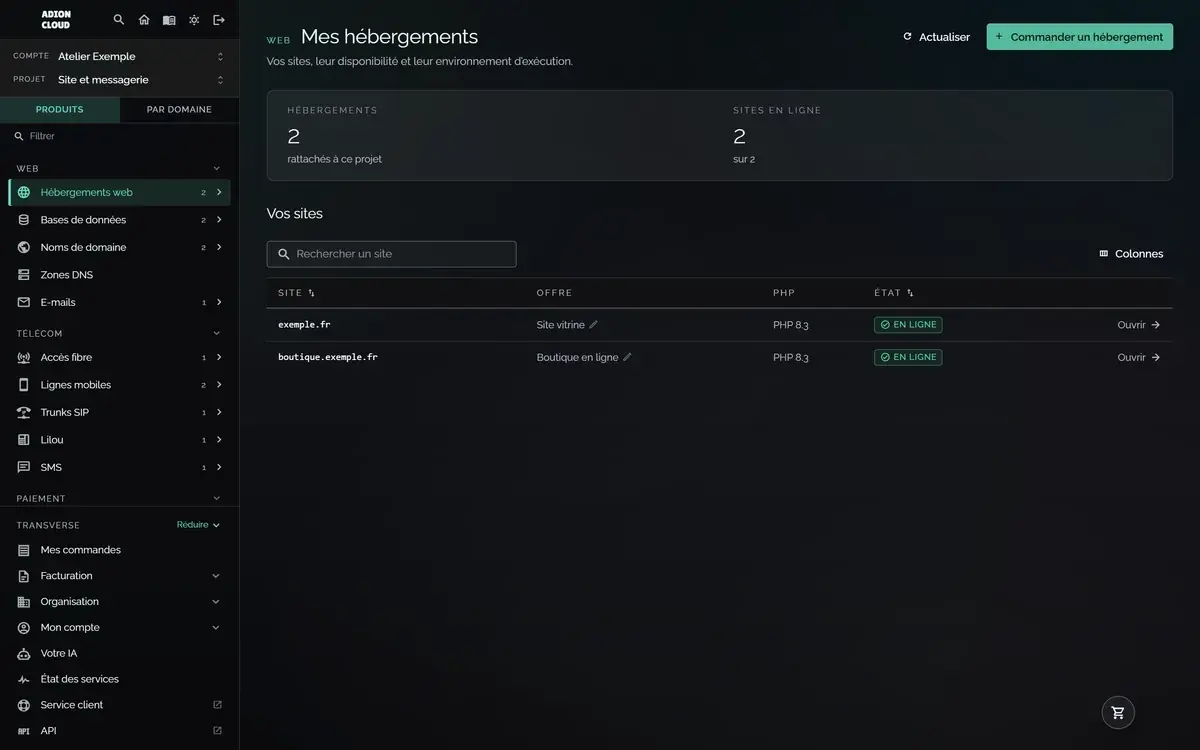Commander : ouvrir le produit, cliquer sur Commander, choisir l’offre, puis suivre les étapes avec le récapitulatif à droite.