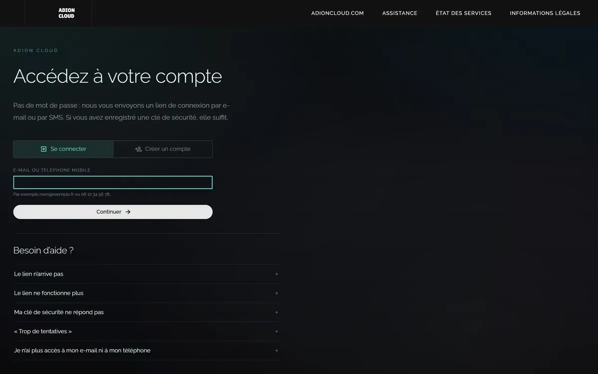 Se connecter par lien : saisir son adresse e-mail, recevoir le lien, l’ouvrir.