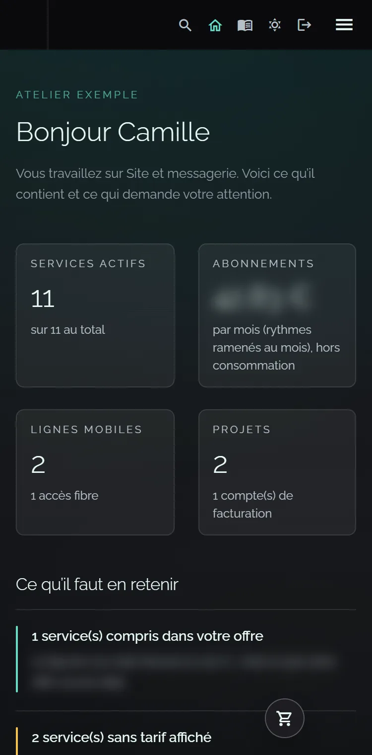 L'accueil de l'espace client sur un téléphone.