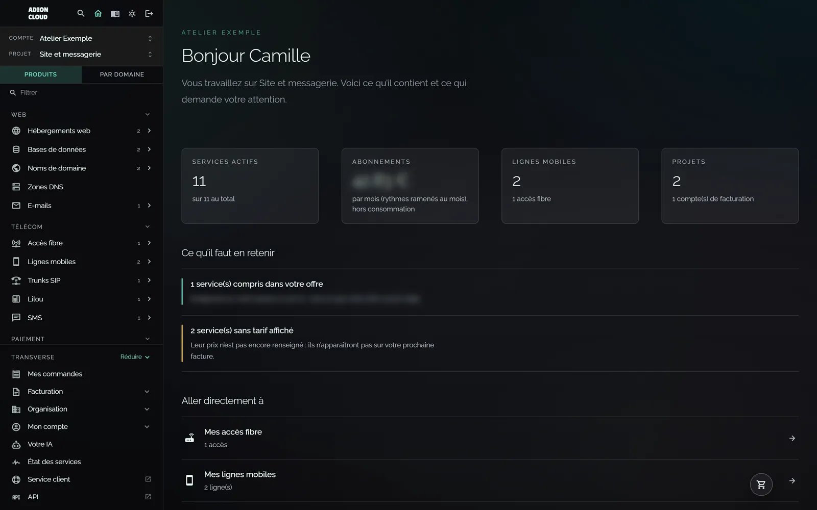 L'accueil de l'espace client : la colonne de gauche, les chiffres du projet et ce qui demande votre attention.
